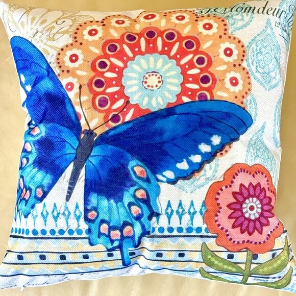 Set/2 Bohemian Garden Boho Butterflies Flowers Linen Blend Throw Pillow Covers - Picture 2 of 9